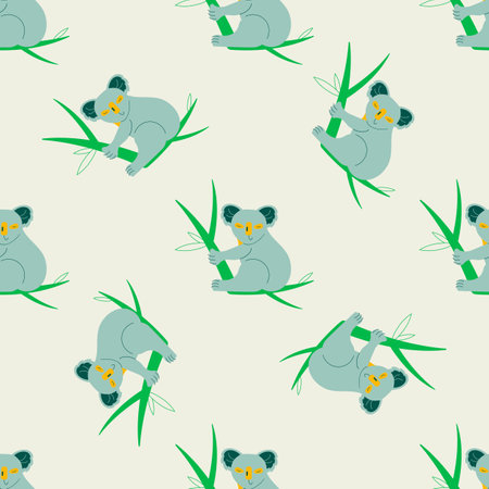 Australian koala bear sleeping on eucalyptus branches. Vector illustration on a colored background. Flat design. Pattern.のイラスト素材