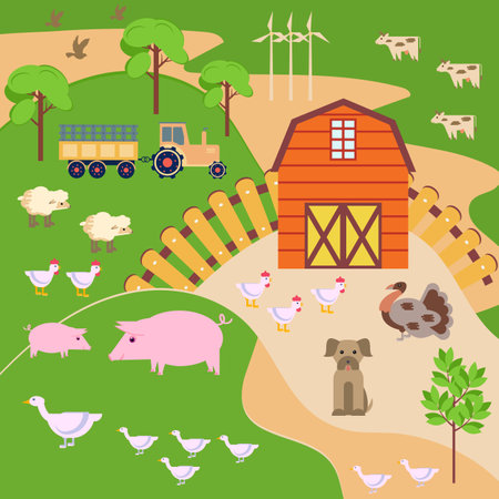 Vector illustration with a spring landscape, a farm, a barn, poultry and animals on the background of trees, a tractor and wind turbines. The concept of gardening and work in nature.のイラスト素材