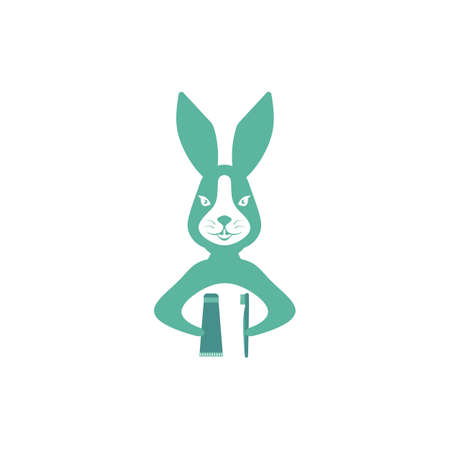 Green rabbit logo with a tube of toothpaste and a brush. Emblem for advertising a pet shop, clinic, products for animals. Vector illustration.Flat design..のイラスト素材