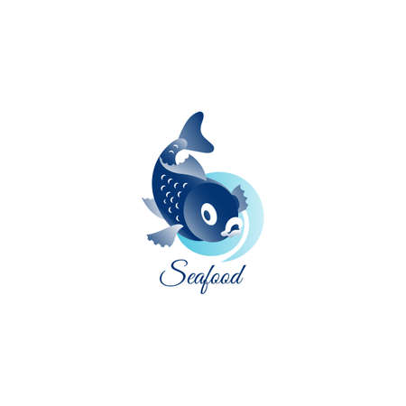 Fish on an abstraction background and an inscription on the banner. Emblem for advertising seafood, restaurant, shop. Vector illustration. Flat design.のイラスト素材