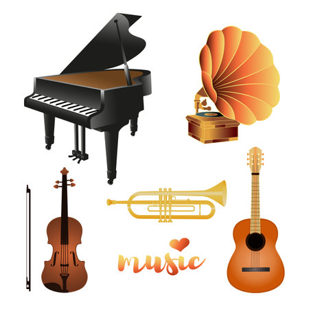 A set of musical instruments: grand piano, gramophone, trumpet, violin, guitar. Lettering with a heart.Color illustration on a white background..のイラスト素材