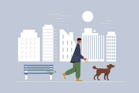 A man with an Irish red setter on a leash walks around the city. The concept of outdoor activities and animal care. Vector illustration. Flat style..のイラスト素材