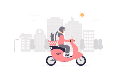 A girl on a scooter with a cat in a basket rides around the city. The concept of outdoor activities and animal care. Vector illustration. Flat style..のイラスト素材