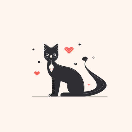 A black cat has caught a white mouse and holds it in its teeth by the tail. Vector illustration for banner, sticker, greeting card, animal products. Flat design..のイラスト素材