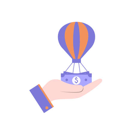 The hand holds banknotes dropped by parachute. Making money, banking, business and finance, loans and investments. Template for financial projects.Vector illustration. Flat design..のイラスト素材