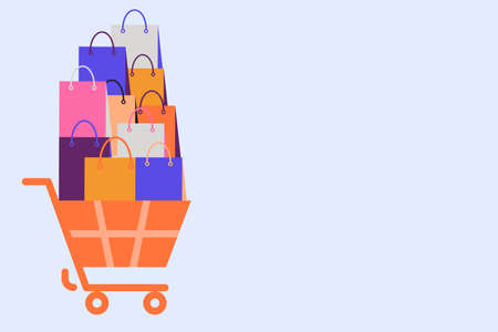 Paper bags in trolley Shopping, bargain, discounts, sale, online shopping. Vector illustration. Flat design..のイラスト素材
