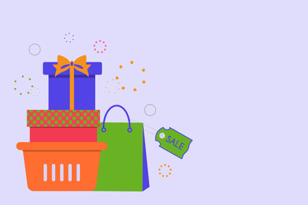 Bag and boxes with goods and for purchases. Shopping, bargain, discounts, sales. Vector illustration. Flat design.のイラスト素材