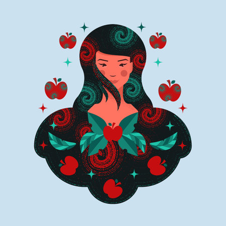 Girl with apples. The idea of ripe apples as a symbol of success in life. A concept that defines the taste for life, like the taste of apples. Vector illustration.Flat design..の写真素材