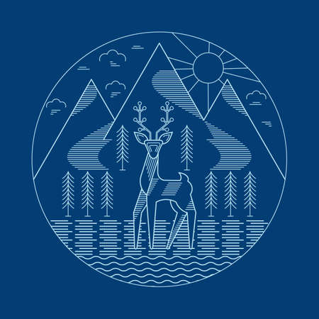 Postcard with a deer on the background of nature: mountains, forests, sun. Wild animal with horns. Vector illustration. Flat design.のイラスト素材