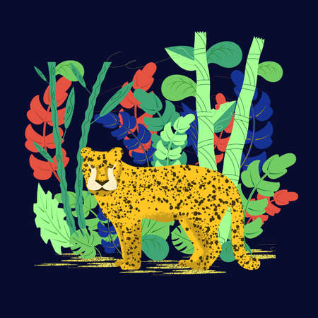 Leopard in a tropical forest among the bamboo thickets on a dark background. Vector illustration on a colored background. Flat design..のイラスト素材