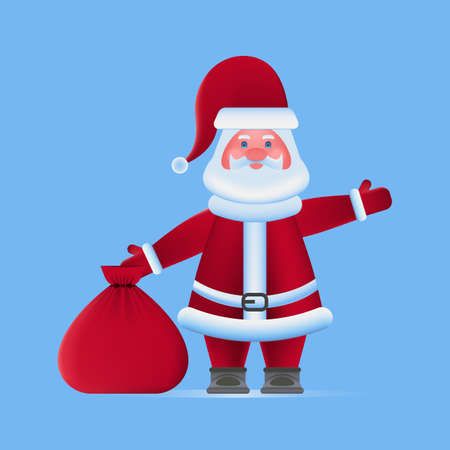 Vector illustration with Santa Claus with a big bag of gifts, in bright red clothes, with a luxurious beard, who greets us with his hand..のイラスト素材