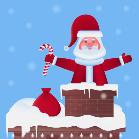 Vector illustration with Santa Claus in the chimney on the roof with a candy cane in his hand and a bag of gifts..のイラスト素材