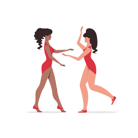 Dance of two girls. Modern stylish dancers in motion in studio, stage or dance hall.Vector illustration. Flat design..のイラスト素材