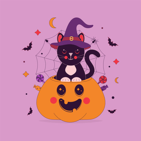Happy Halloween. Halloween greeting card with a black cat in a witch hat in a pumpkin lantern on the background of cobwebs, bats and spiders with caramel sweets..のイラスト素材