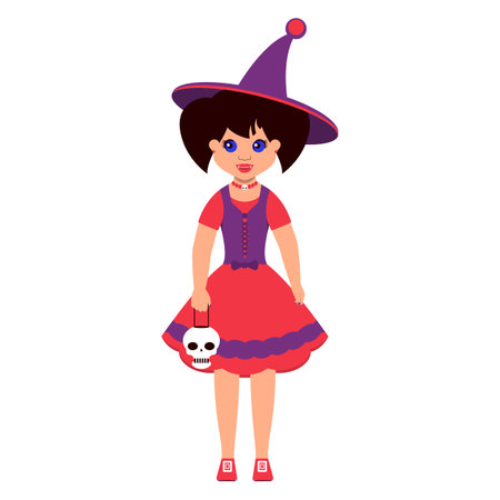 Happy Halloween. Halloween greeting card. Witch with a skull in a pointed witch hat. Vector illustration..のイラスト素材