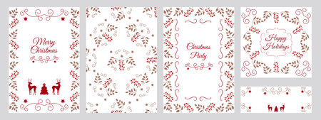 Universal templates for Christmas cards, greetings and corporate invitations with floral ornament frames, deer and holly branches. Vector illustration. Flat design..のイラスト素材