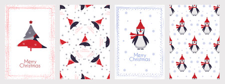 Postcards Merry Christmas and New Year holidays, illustration of a Christmas tree with decorations, penguins and decorative frames in an abstract style. Template for design, greeting card, invitation.のイラスト素材
