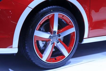 TANGSHAN - JUNE 2  Car wheels on display in a car sales shop on June 2, 2013,Tangshan, Hebei Province, China のeditorial素材