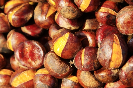 pile of Chinese chestnut, delicious snacks, closeup of photoの写真素材