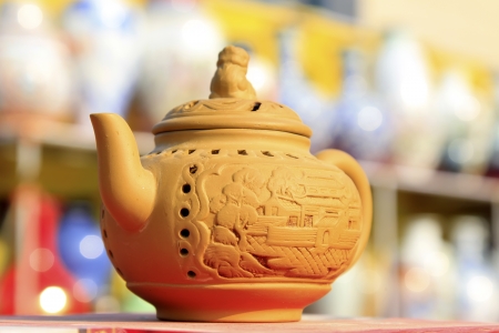 china violet arenaceous kettle, closeup of photo の写真素材