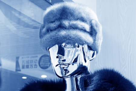 alloy models with fur hats in a shopの写真素材