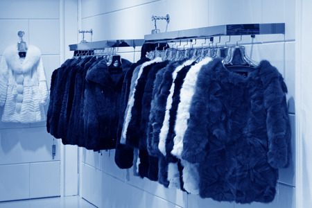 The Fine fur clothing on hangers in a store, tangshan city, hebei province, China.
の写真素材
