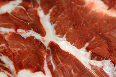 red raw beef in a shop, closeup of photo