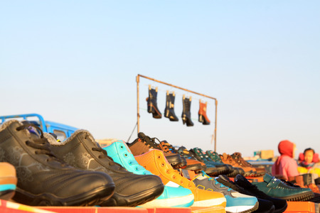 all kinds of footwear for sale in the booth の写真素材