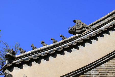 Chinese traditional style architecture temples gray tiles, closeup of photo