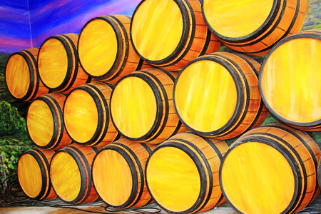 oak barrels storing wine, closeup of photoの写真素材