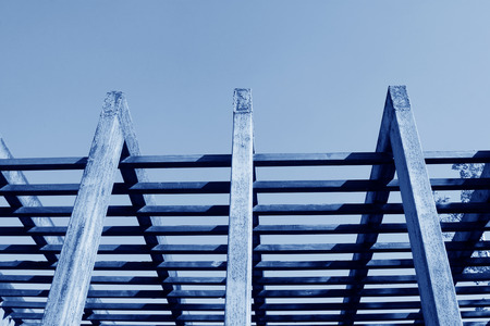 Oxidation rust steel beams in blue sky , closeup of photoの写真素材