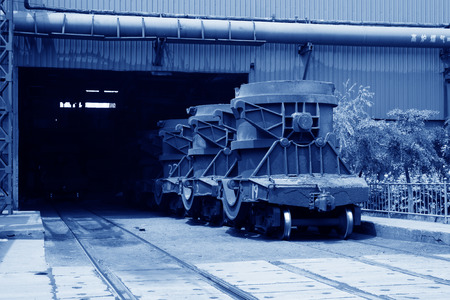 Transport molten iron crucible vehicle in the steel mills, closeup of photoの写真素材