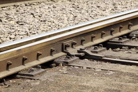 closeup of railway tracks, traditional types railway trackの写真素材