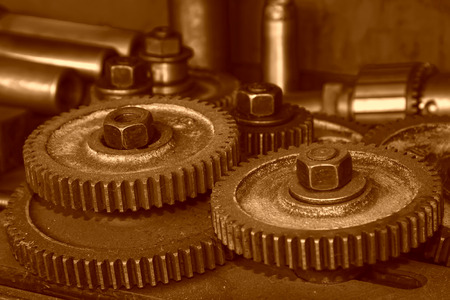 gear piled up together, closeup of photoの写真素材