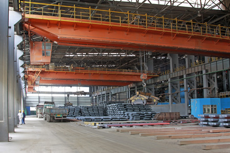 TANGSHAN - JUNE 14: Steel mills continuous casting workshop transport steel ingot, on June 14, 2014, Tangshan city, Hebei Province, Chinaのeditorial素材