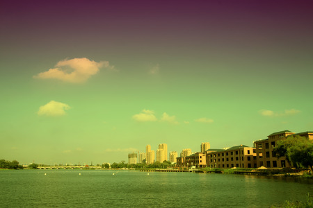 Urban landscape in the autumn, closeup of photo, Chinaの写真素材
