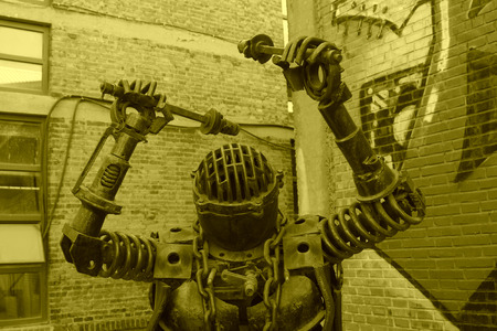 TANGSHAN - NOVEMBER 4: The steel sculpture - drummer shelf in the Kailuan national mine park on november 4, 2013, tangshan city, hebei province, China.のeditorial素材