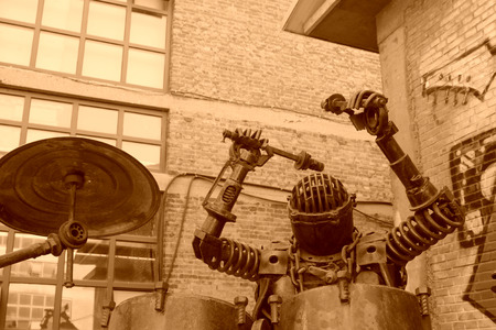 TANGSHAN - NOVEMBER 4: The steel sculpture - drummer shelf in the Kailuan national mine park on november 4, 2013, tangshan city, hebei province, China.のeditorial素材