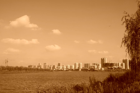 Urban landscape in the autumn, closeup of photo, Chinaの写真素材