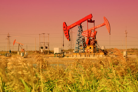 CAOFEIDIAN - SEPTEMBER 27: crank balanced beam pumping unit in the JiDong oilfield, on September 27, 2014, Caofeidian City, hebei province, China.のeditorial素材