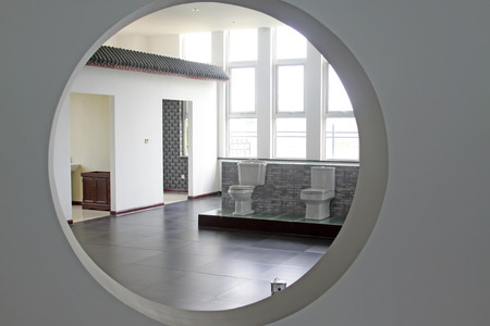 Ceramic toilet and round hole framework, closeup photoのeditorial素材