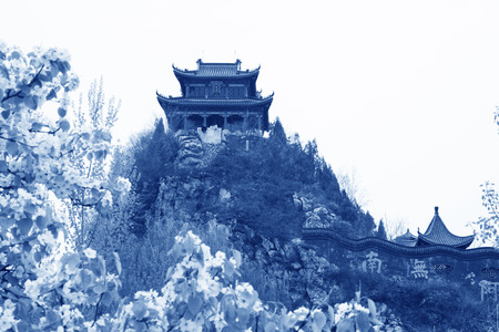 Aries Valley April 21:Taoist architectural landscape at the top of the mountain on April 21, 2012, Aries Valley, Qian\'an city, Hebei Province, Chinaのeditorial素材