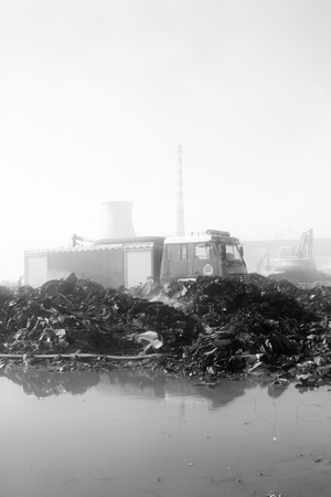 TANGSHAN - NOVEMBER 20: The Fire fighting vehicles and cluttered environment after the fire, November 20, 2013, tangshan city, hebei province, China.のeditorial素材
