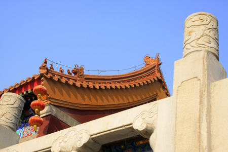 Chinese stone railings and eaves, closeup of photo