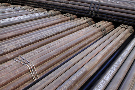 Oxidation rust steel pipe on the shipping dock, closeup of photoのeditorial素材