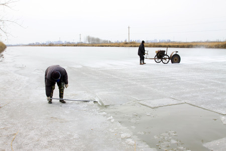 LUANNAN COUNTY - JANUARY 24: Farmers Cutting and separation ice from the river on January 24, 2015, Luannan County, Hebei Province, Chinaのeditorial素材