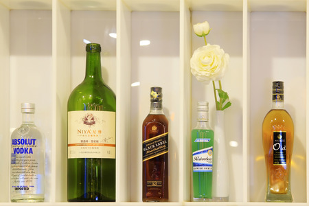 Tangshan - September 9: famous liquor on the shelf in a shop, on September 9, 2015, tangshan city, hebei province, China.のeditorial素材