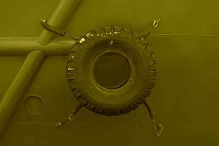 car tires on the ship, closeup of photoの写真素材