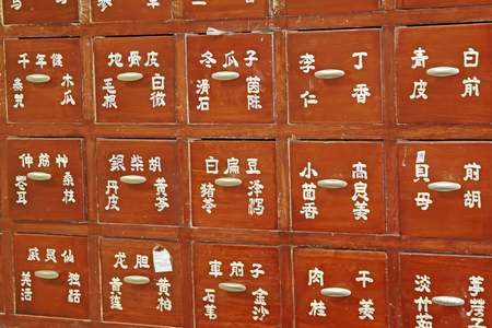 traditional Chinese herbal medicine cabinets, closeup of photoのeditorial素材