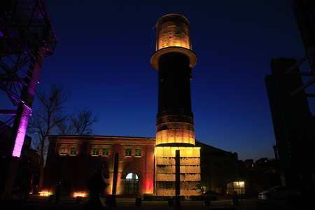water tower under the setting sun, closeup of photoのeditorial素材